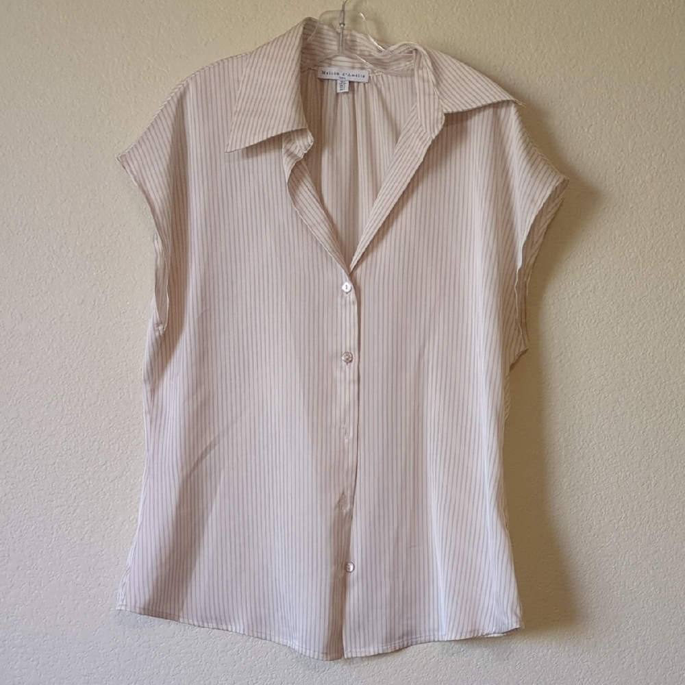 Cream Button Down Cap Sleeve Top with Notched Collar
